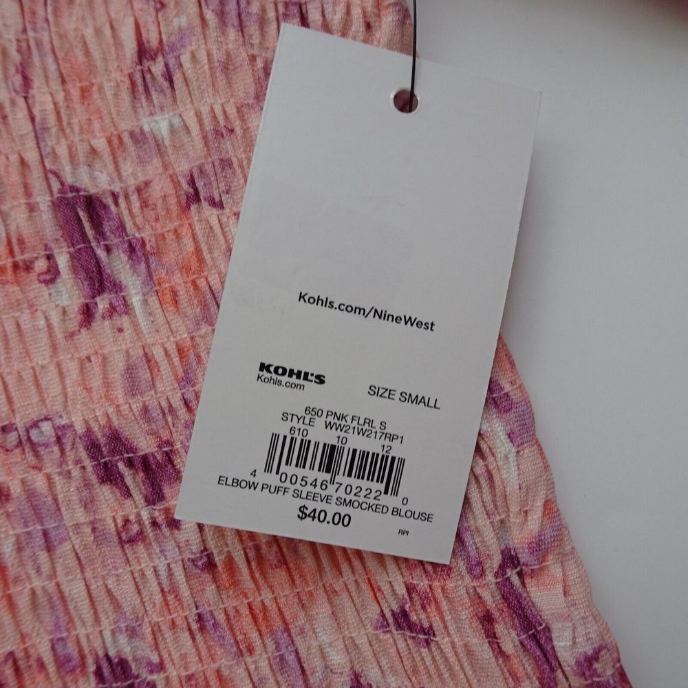 💰3/$25 Nine West Women's Blouse Elbow Puff Sleeve Smocked Pink Top V-Neck NWT S - Picture 7 of 13